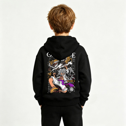 One Piece Anime Graphic Hoodie for Gear 5 Luffy Kids Cartoon Print Cotton Tee
