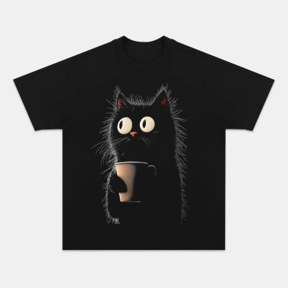 CARICATURE CAT WITH A MUG T-SHIRT-ComicClothe