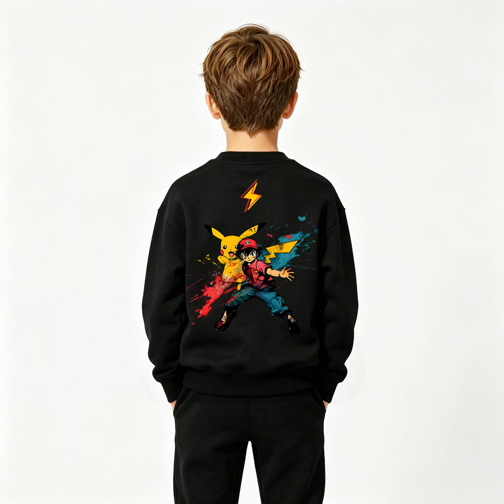 Pokémon Ash Ketchum Pikachu Anime Graphic Crewneck Sweatshirt for Kids Cartoon Print Cotton Tee