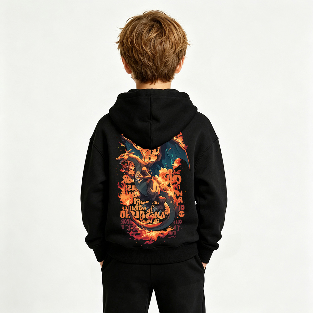 Pokémon Anime Graphic Hoodie for Charizard Kids Cartoon Print Cotton Tee