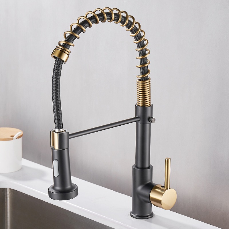 All copper spring faucet, kitchen sink with rotatable pull-out paint, black and gold dots-Build Smart Sourcing Limited