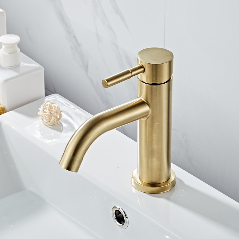Faucet stainless steel brushed gold minimalist basin faucet hot and cold table up and down basin for household use-Build Smart Sourcing Limited