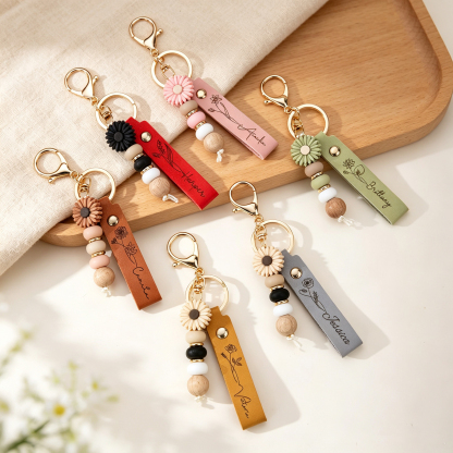 Personalized Birth Flower Keychain with Custom Name, PU Leather Wristlet with Daisy Beads, Bridesmaid and Birthday Gift