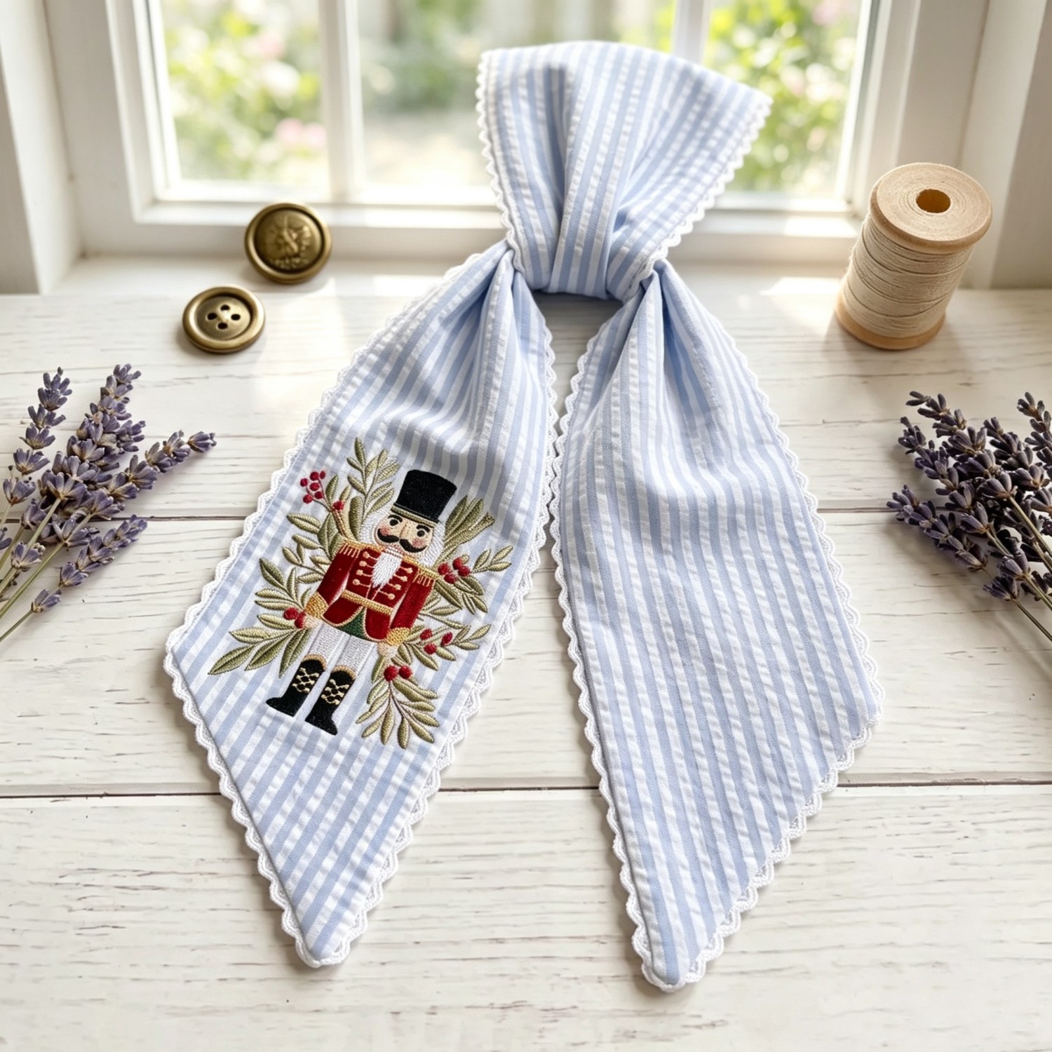 Personalized Nutcracker Christmas Wreath Sash, Embroidered Monogram Seersucker Door Bow, Holiday Front Door Decor