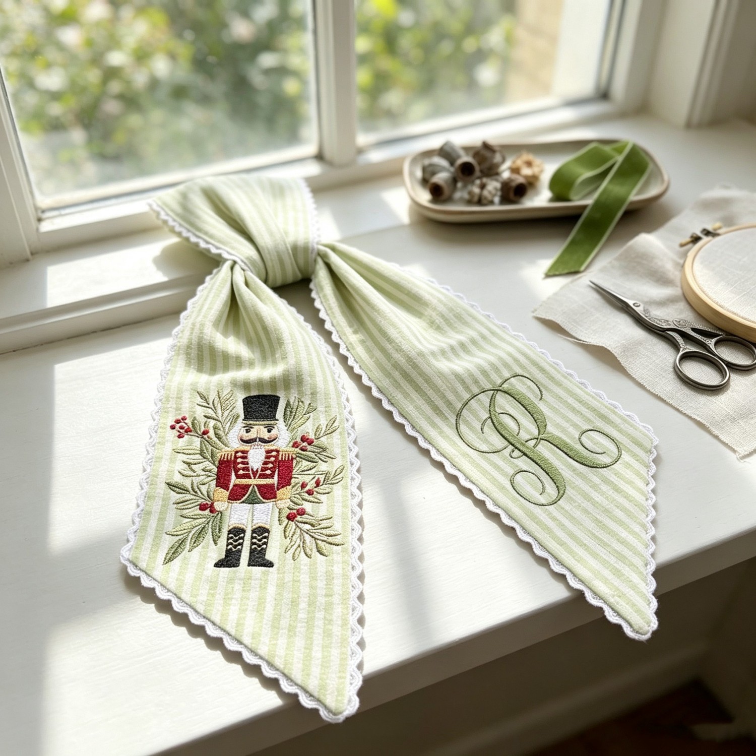 Personalized Nutcracker Christmas Wreath Sash, Embroidered Monogram Seersucker Door Bow, Holiday Front Door Decor
