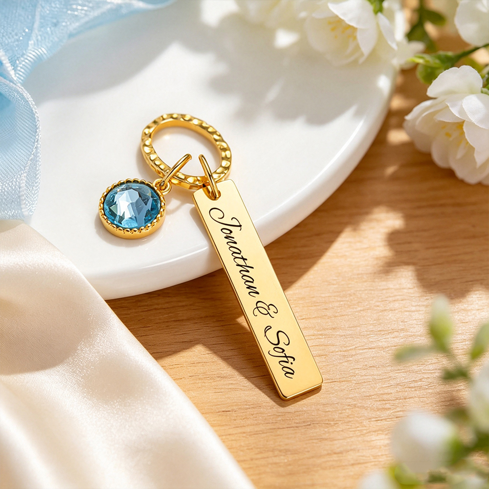 Personalized Engraved Bridal Bouquet Charm with Blue Crystal, Custom Wedding Keepsake Gift for Bride