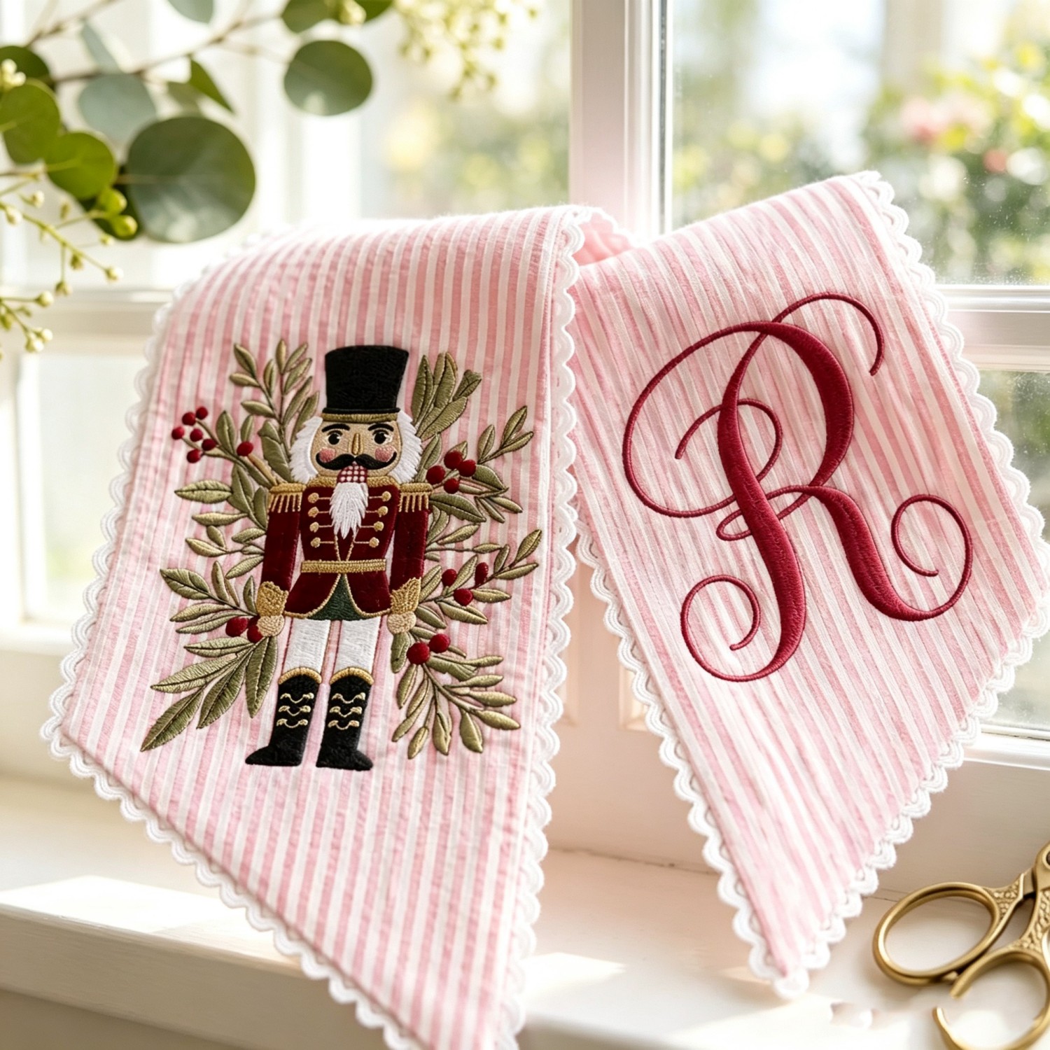 Personalized Nutcracker Christmas Wreath Sash, Embroidered Monogram Seersucker Door Bow, Holiday Front Door Decor