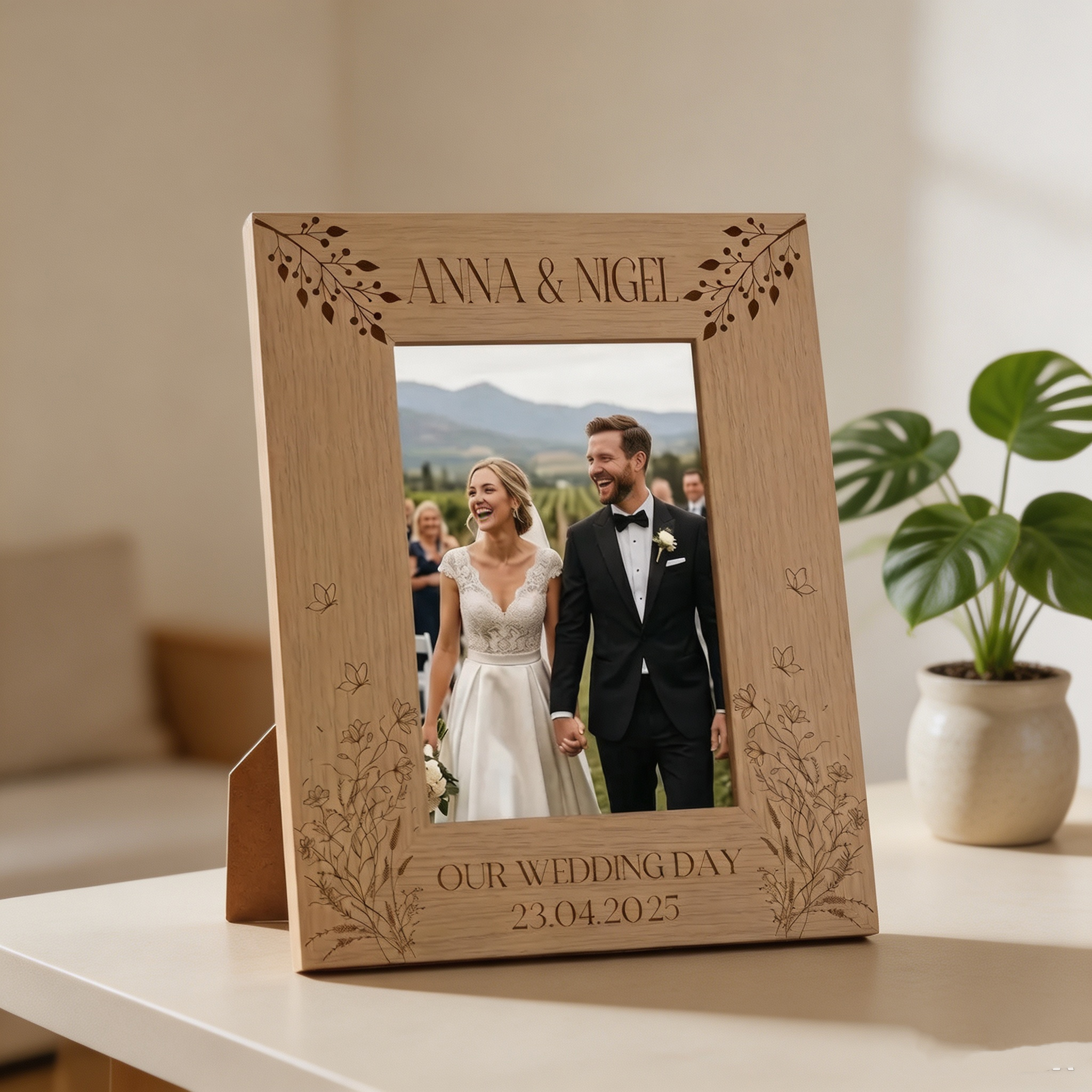 Personalized Wooden Wedding Photo Frame, Custom Engraved Couple Picture Frame, Rustic Wedding Keepsake Gift, Anniversary Gift for Newlyweds