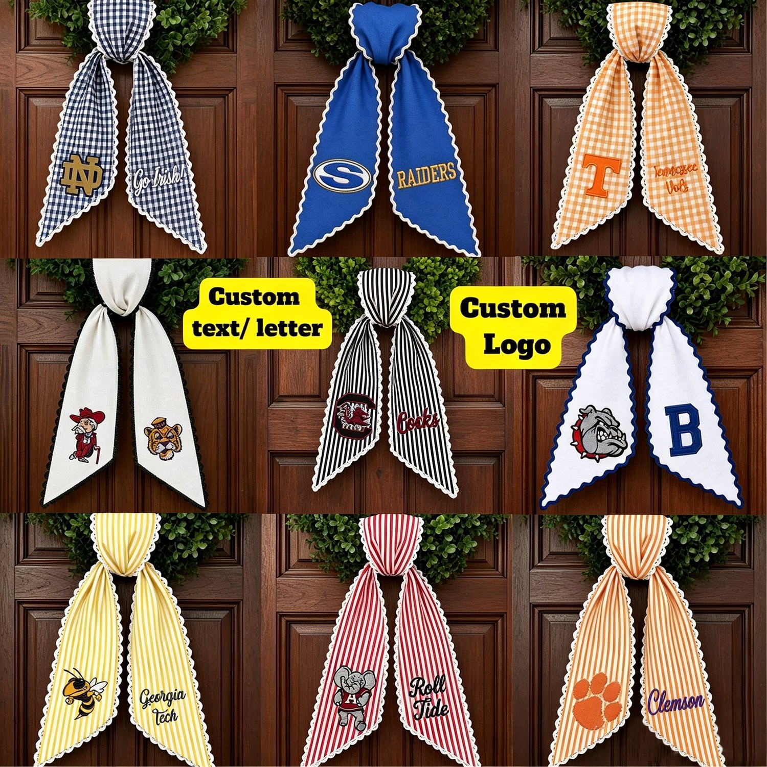 Personalized College Football Wreath Sash, Custom Monogram Door Bow, Striped Game Day & Tailgate Decor