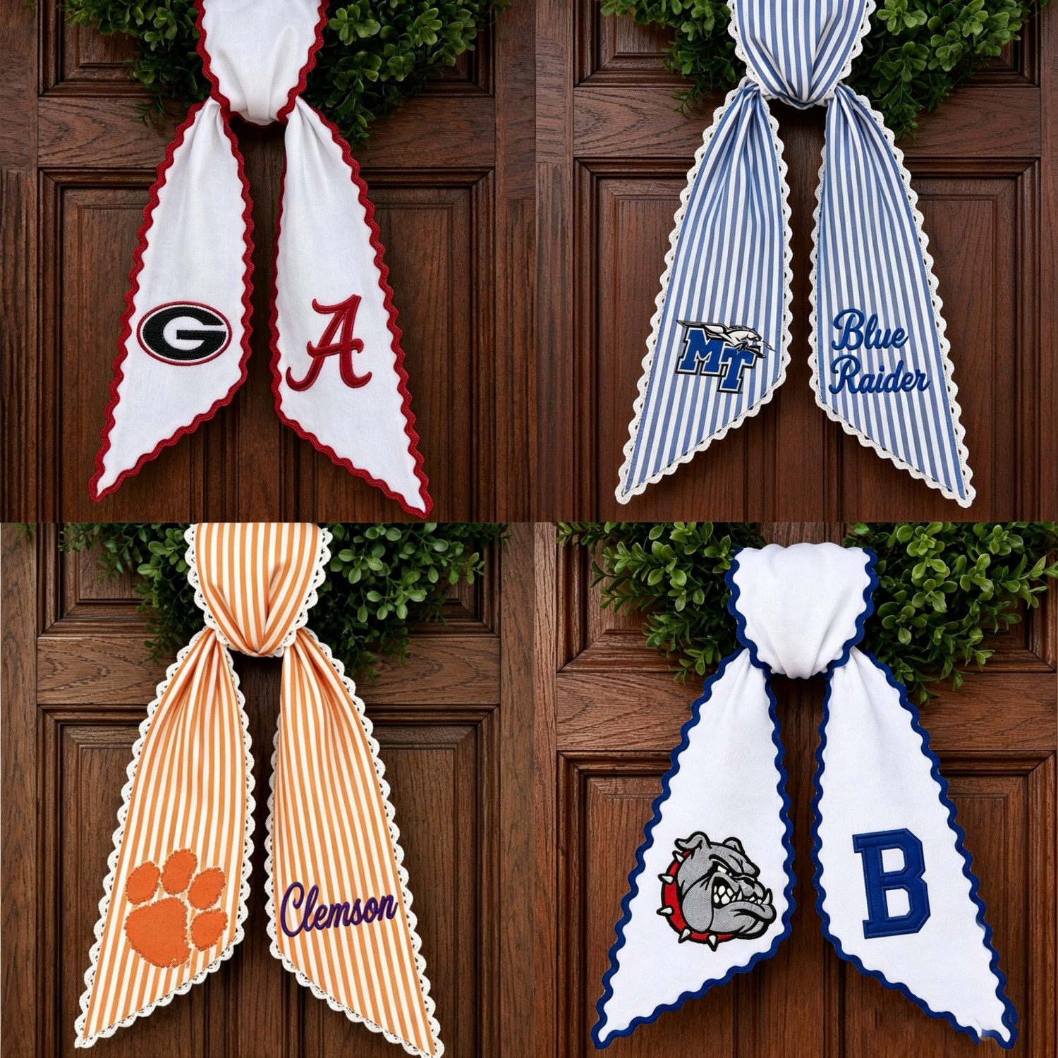 Personalized College Football Wreath Sash, Custom Monogram Door Bow, Striped Game Day & Tailgate Decor