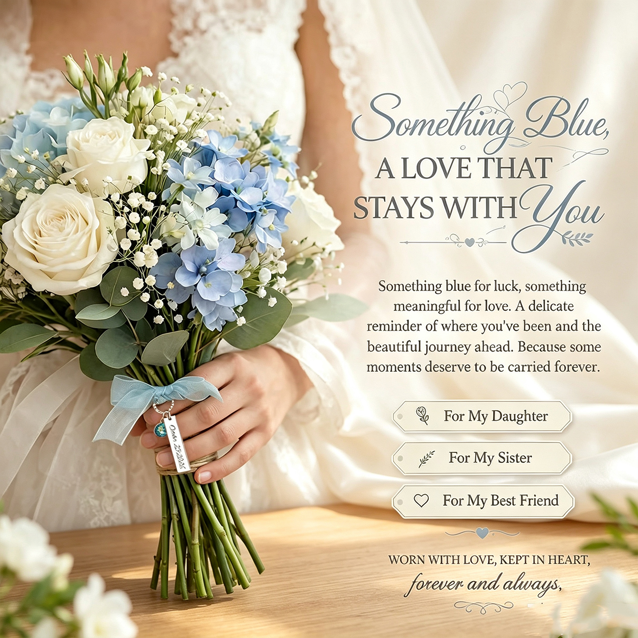 Personalized Engraved Bridal Bouquet Charm with Blue Crystal, Custom Wedding Keepsake Gift for Bride