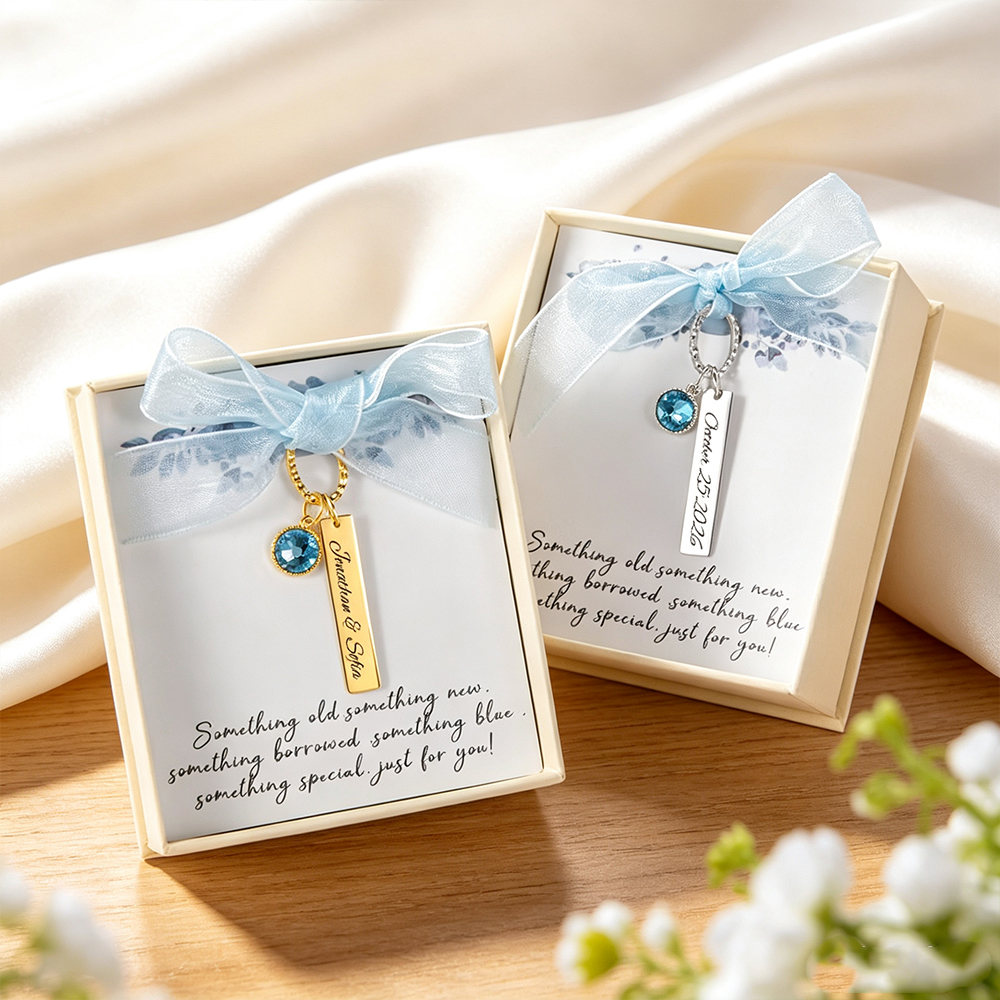 Personalized Engraved Bridal Bouquet Charm with Blue Crystal, Custom Wedding Keepsake Gift for Bride