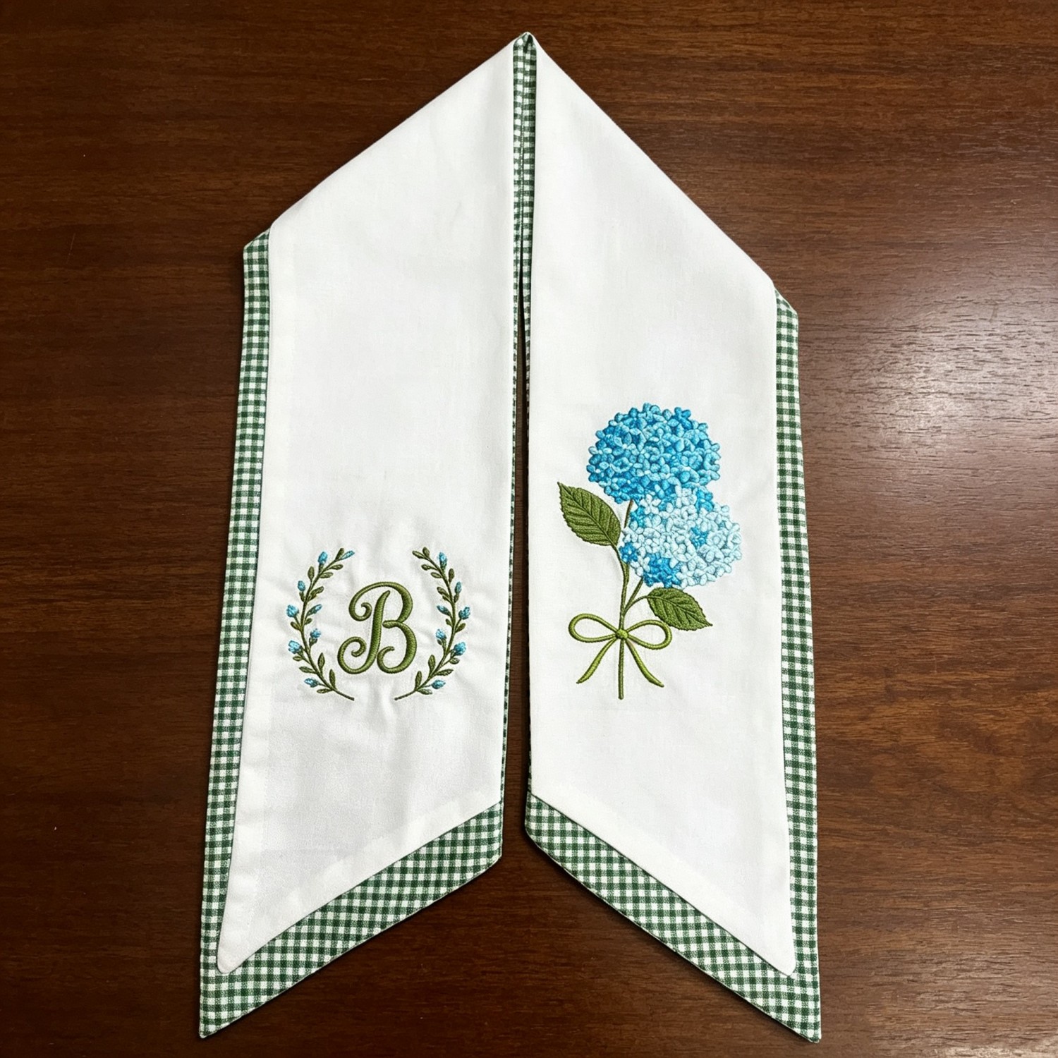 Personalized Hydrangea Wreath Sash, Embroidered Initial Blue Floral Front Door Decor