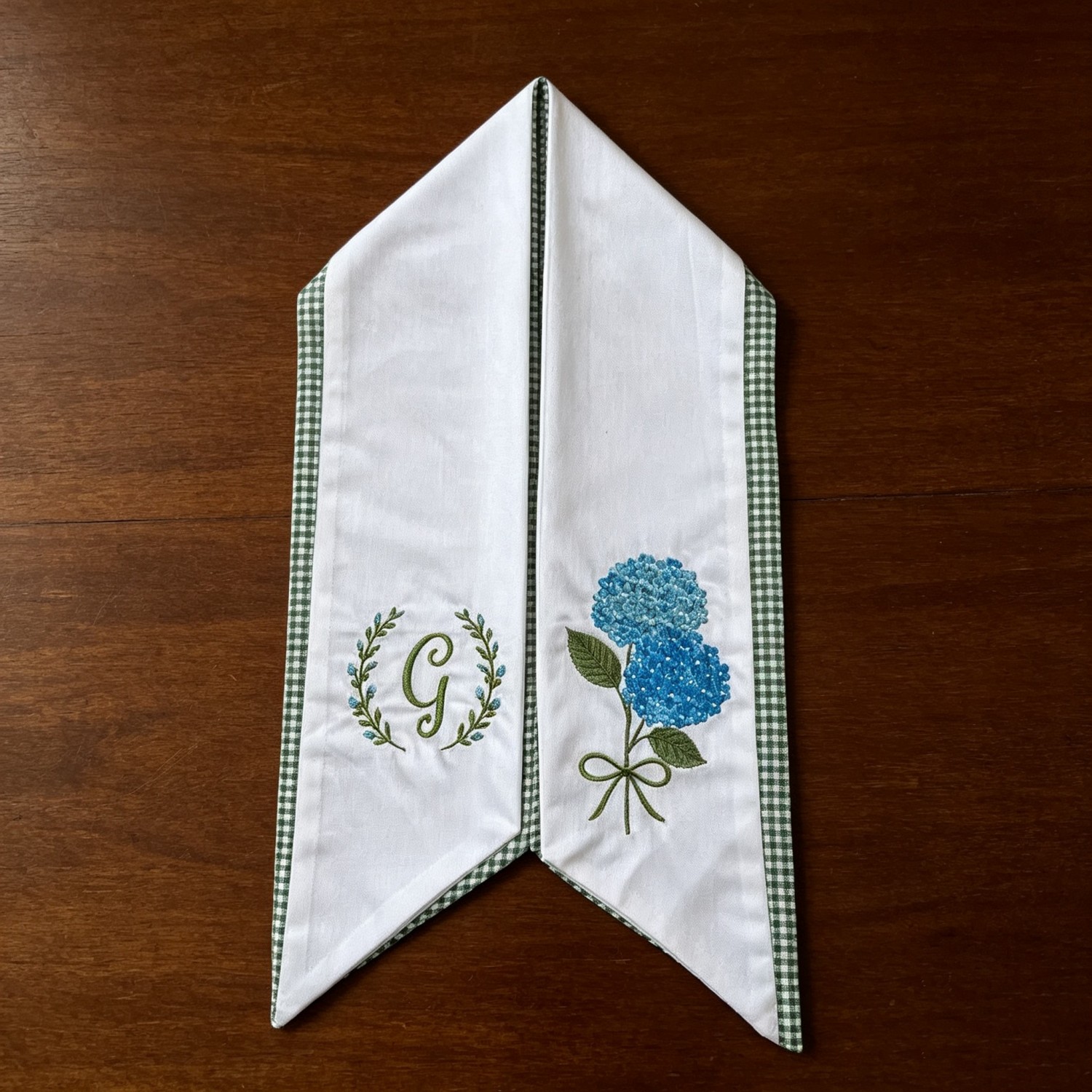 Personalized Hydrangea Wreath Sash, Embroidered Initial Blue Floral Front Door Decor