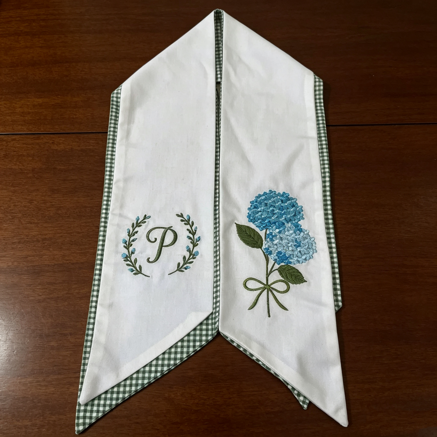 Personalized Hydrangea Wreath Sash, Embroidered Initial Blue Floral Front Door Decor