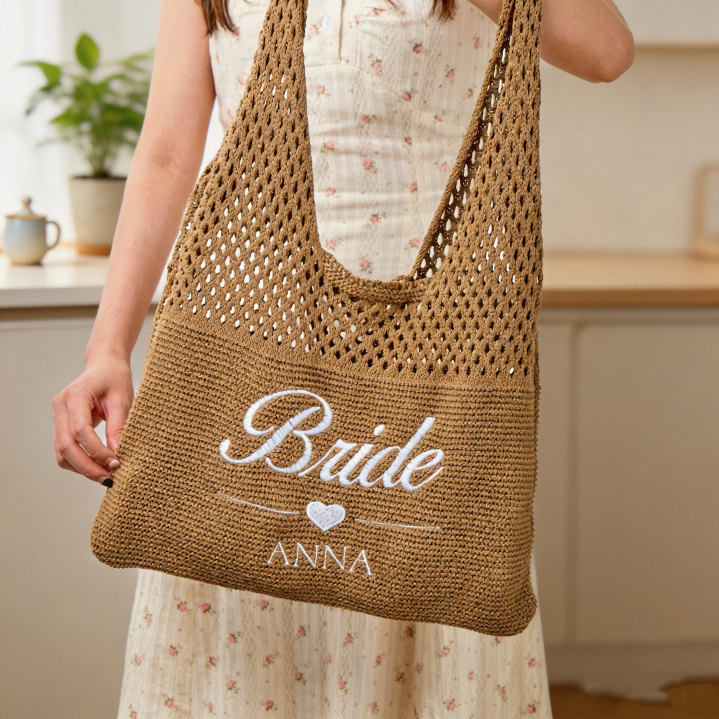 Personalized Embroidered Beach Tote Bag, Custom Name Mesh Summer Bag, Large Crochet Shoulder Bag, Vacation Gift for Women, Bridesmaid Gift