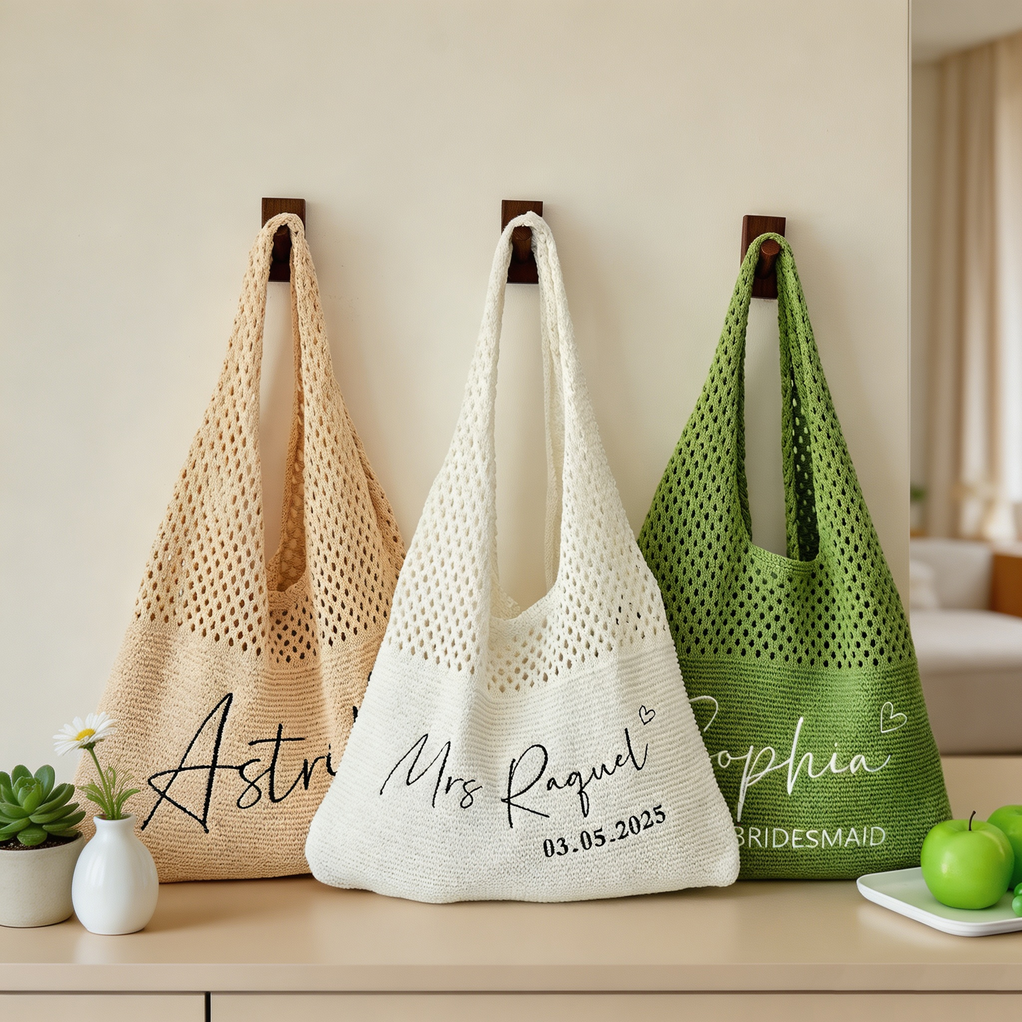 Personalized Embroidered Beach Tote Bag, Custom Name Mesh Summer Bag, Large Crochet Shoulder Bag, Vacation Gift for Women, Bridesmaid Gift