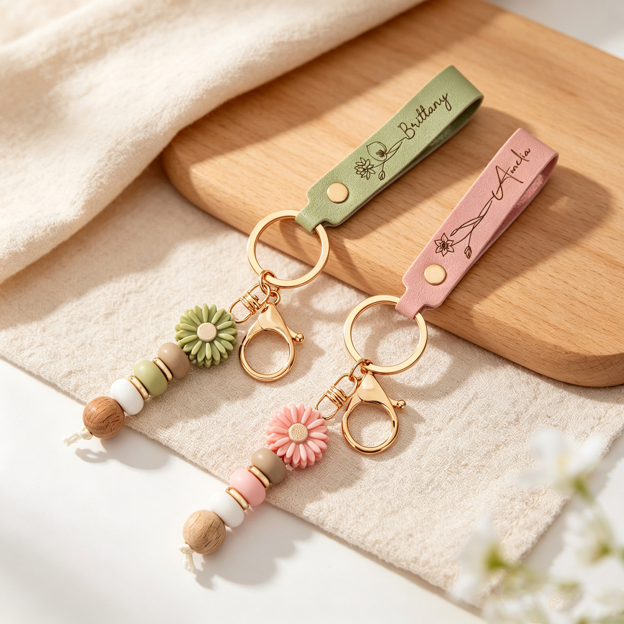 Personalized Birth Flower Keychain with Custom Name, PU Leather Wristlet with Daisy Beads, Bridesmaid and Birthday Gift