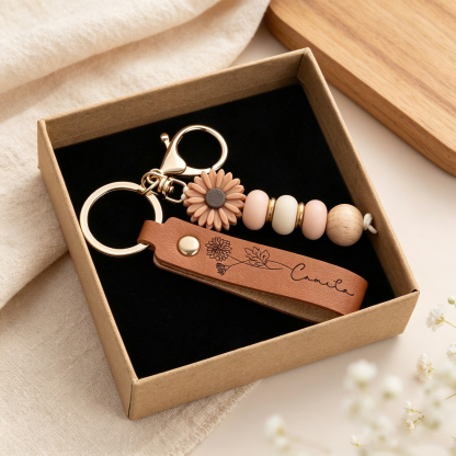 Personalized Birth Flower Keychain with Custom Name, PU Leather Wristlet with Daisy Beads, Bridesmaid and Birthday Gift