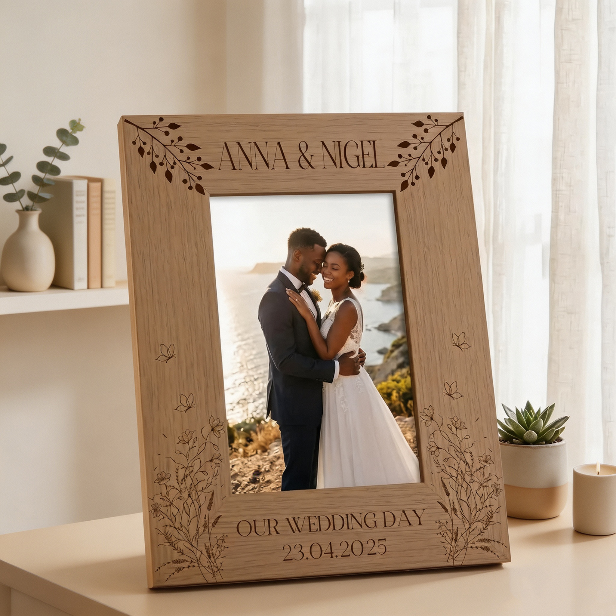 Personalized Wooden Wedding Photo Frame, Custom Engraved Couple Picture Frame, Rustic Wedding Keepsake Gift, Anniversary Gift for Newlyweds