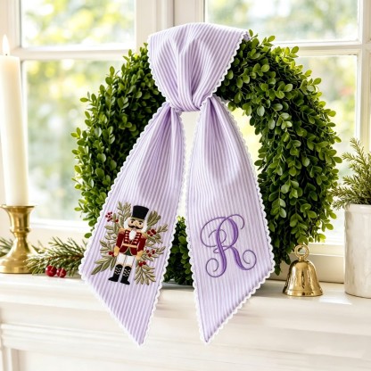 Personalized Nutcracker Christmas Wreath Sash, Embroidered Monogram Seersucker Door Bow, Holiday Front Door Decor