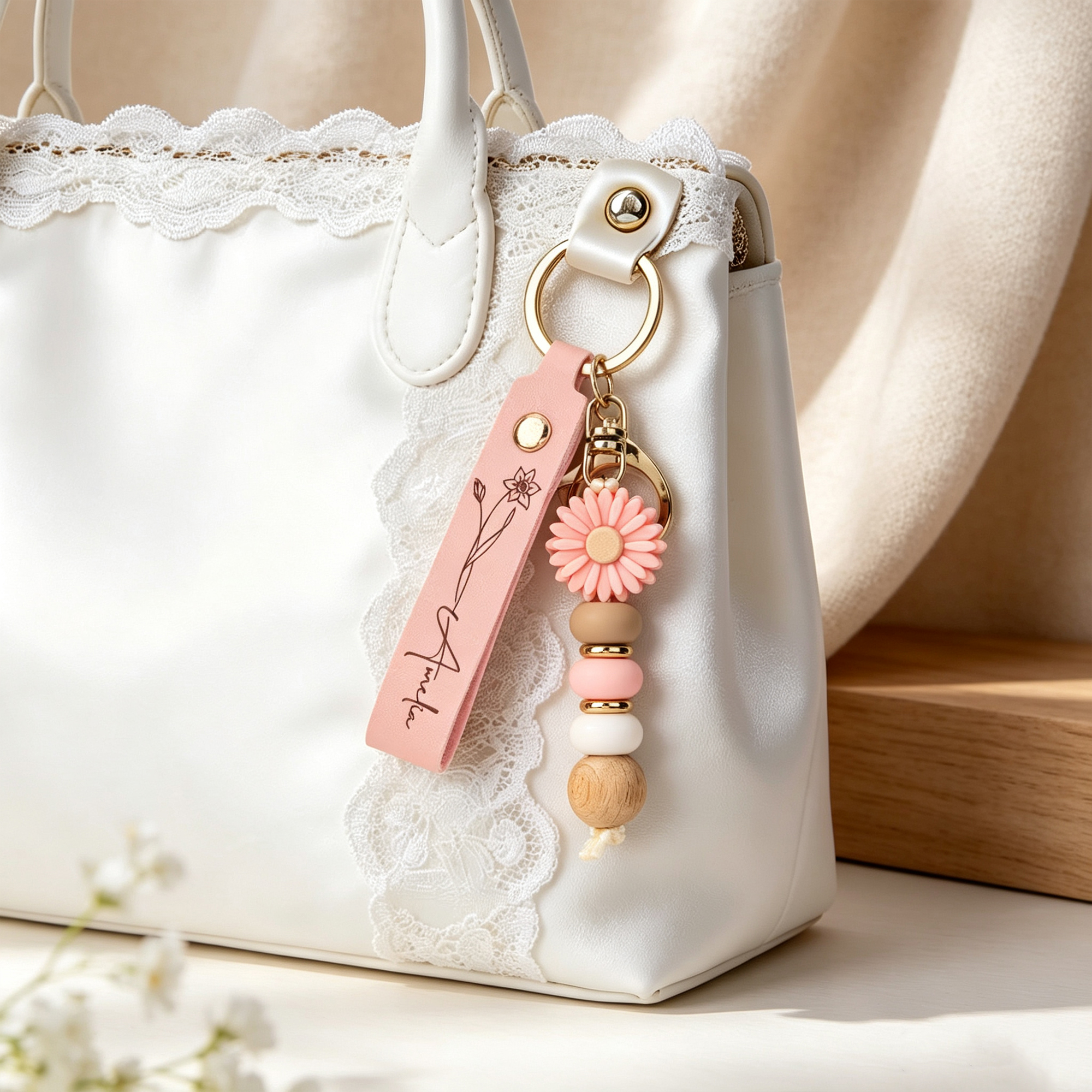 Personalized Birth Flower Keychain with Custom Name, PU Leather Wristlet with Daisy Beads, Bridesmaid and Birthday Gift