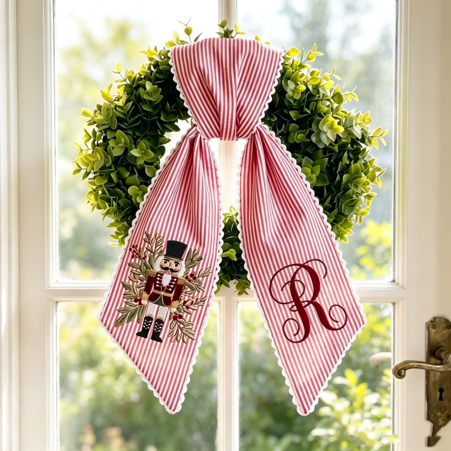 Personalized Nutcracker Christmas Wreath Sash, Embroidered Monogram Seersucker Door Bow, Holiday Front Door Decor
