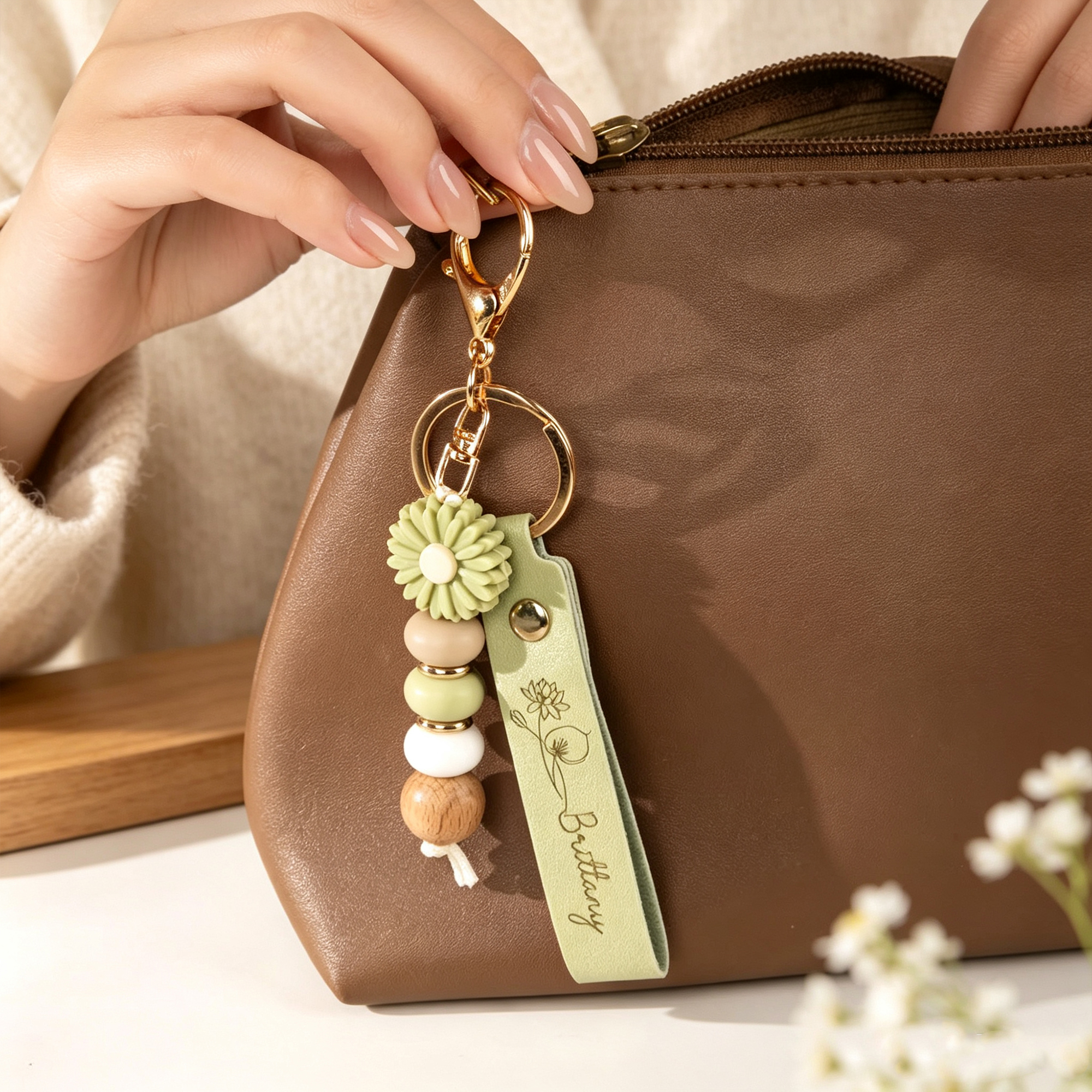 Personalized Birth Flower Keychain with Custom Name, PU Leather Wristlet with Daisy Beads, Bridesmaid and Birthday Gift