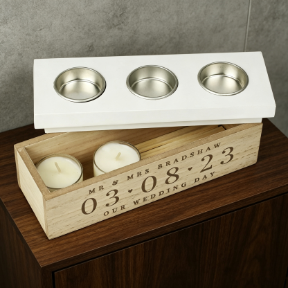 Personalized Wooden Tealight Holder, Custom Date Candle Box, Triple Candle Holder, Wedding Anniversary Gift for Couples, Romantic Keepsake