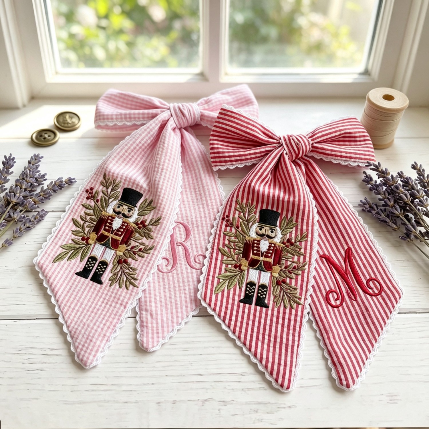 Personalized Nutcracker Christmas Wreath Sash, Embroidered Monogram Seersucker Door Bow, Holiday Front Door Decor