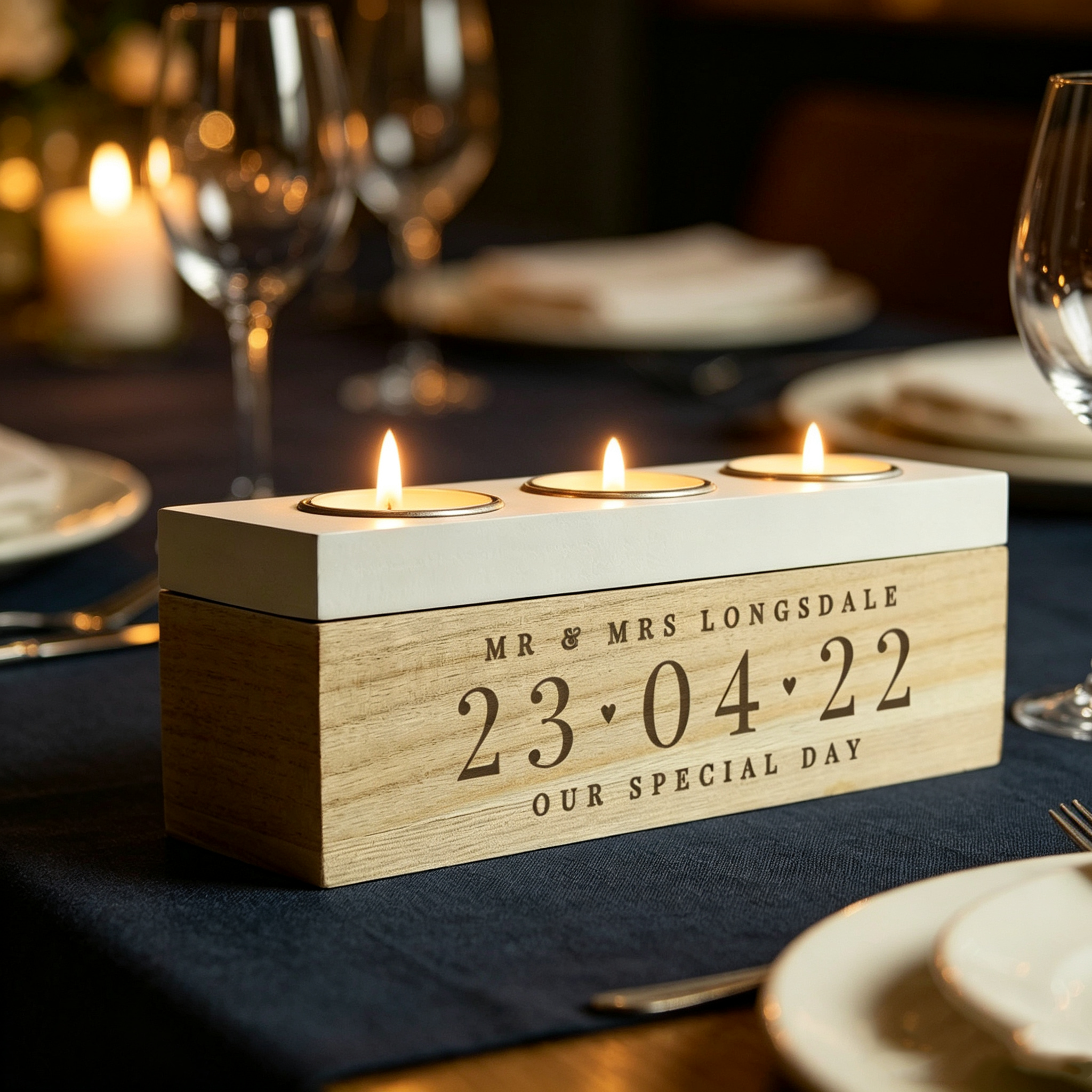 Personalized Wooden Tealight Holder, Custom Date Candle Box, Triple Candle Holder, Wedding Anniversary Gift for Couples, Romantic Keepsake