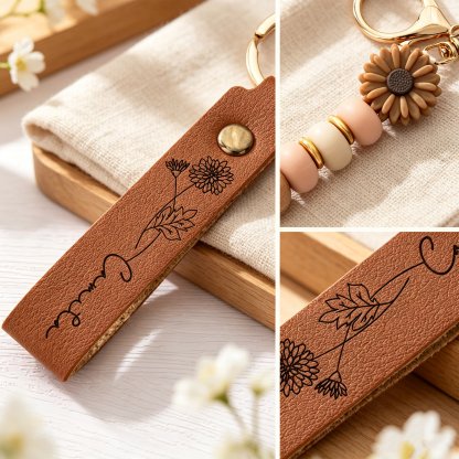Personalized Birth Flower Keychain with Custom Name, PU Leather Wristlet with Daisy Beads, Bridesmaid and Birthday Gift