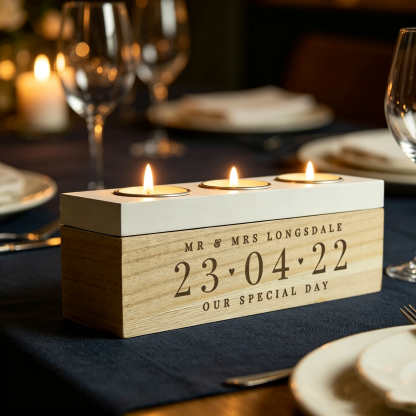 Personalized Wooden Tealight Holder, Custom Date Candle Box, Triple Candle Holder, Wedding Anniversary Gift for Couples, Romantic Keepsake