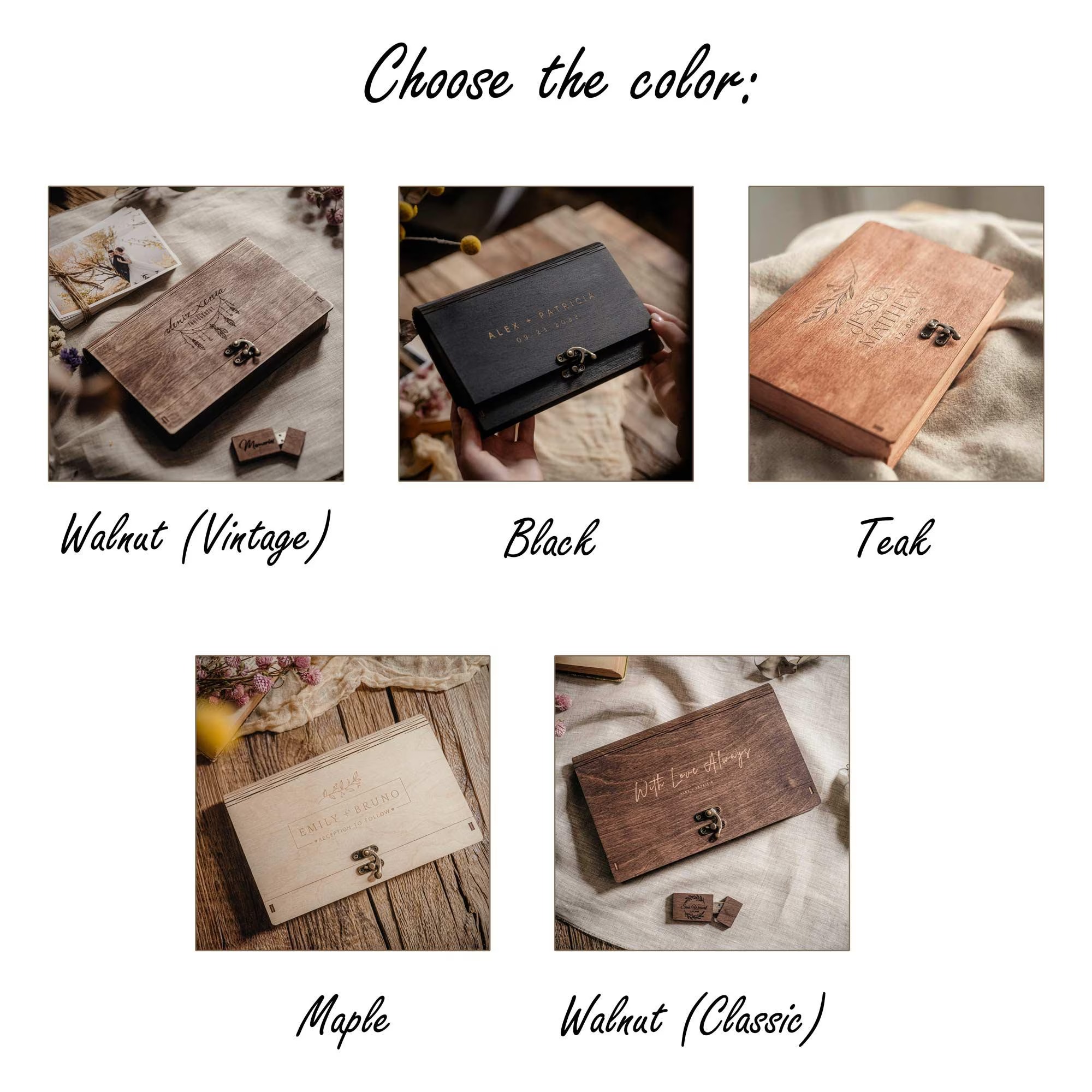 Personalized Wedding Photo Box with USB – Wooden Memory Keepsake Box for Couples
