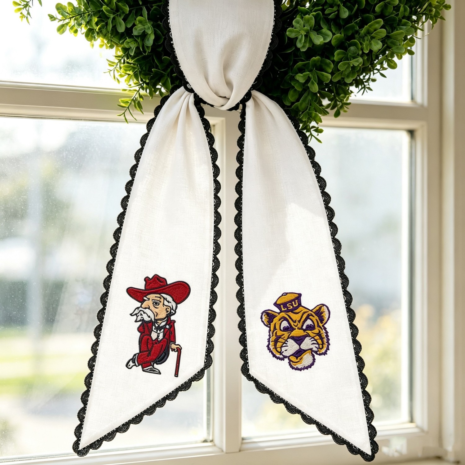 Personalized College Football Wreath Sash, Custom Monogram Door Bow, Striped Game Day & Tailgate Decor