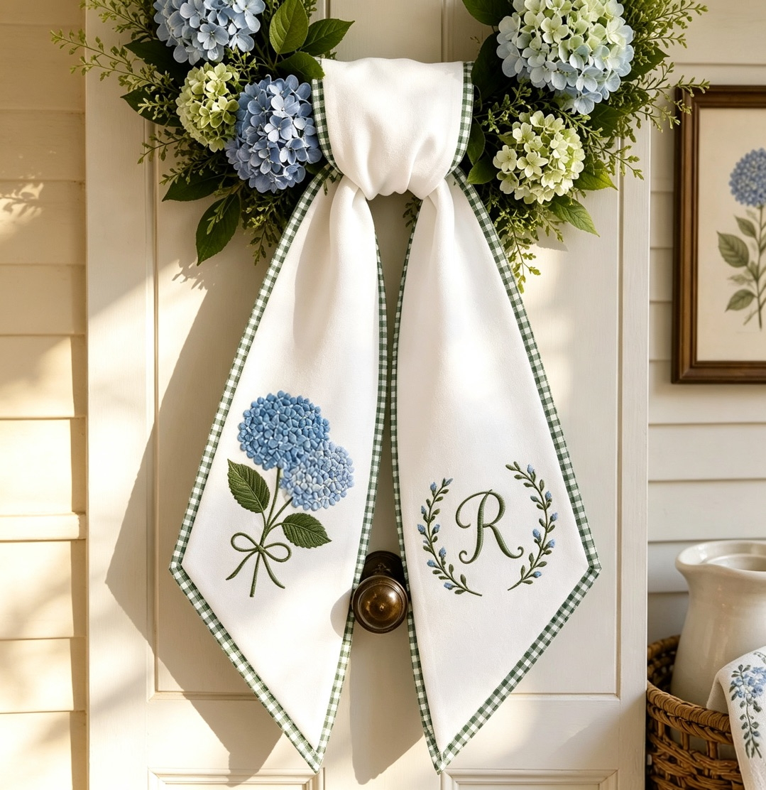 Personalized Hydrangea Wreath Sash, Embroidered Initial Blue Floral Front Door Decor
