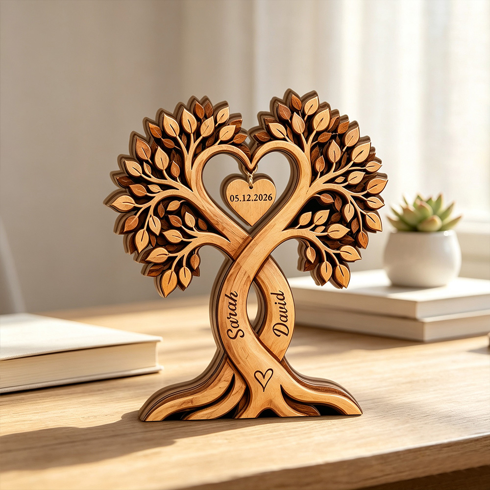 Personalized Couple Heart Tree Wooden Block, Custom Name Wooden Plaque, Wedding & Anniversary Gift for Couples