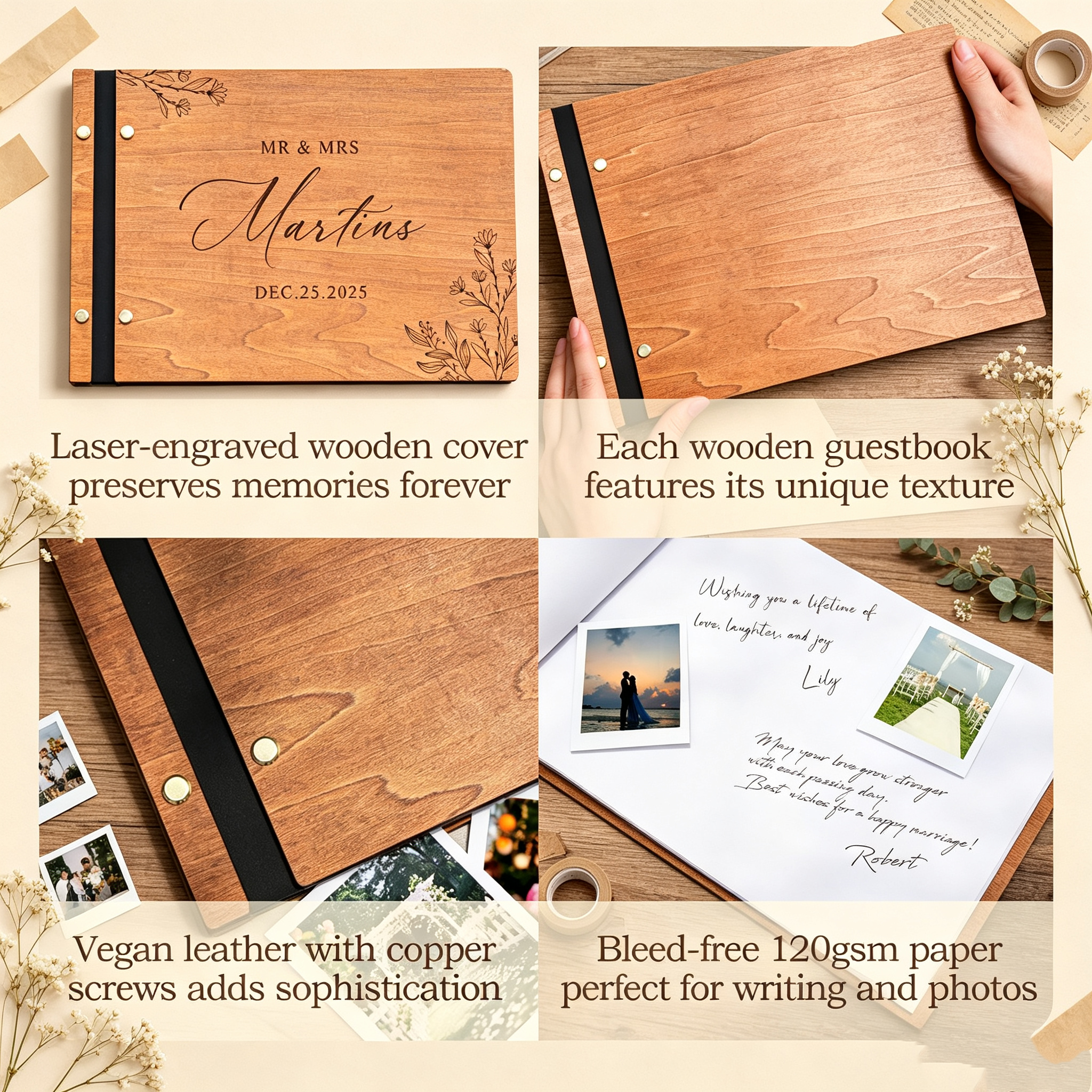 Personalized Wooden Wedding Guest Book, Custom Engraved Rustic Guest Book, Wedding Memory Keepsake Journal, Guest Sign In Book, Anniversary Gift