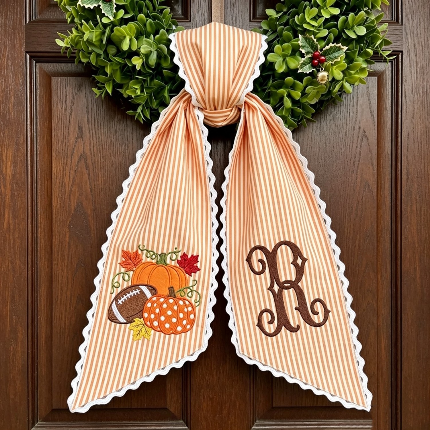 Personalized Football Wreath Sash, Embroidered Football & Pumpkin Design, Custom Monogram Fall Front Door Decor