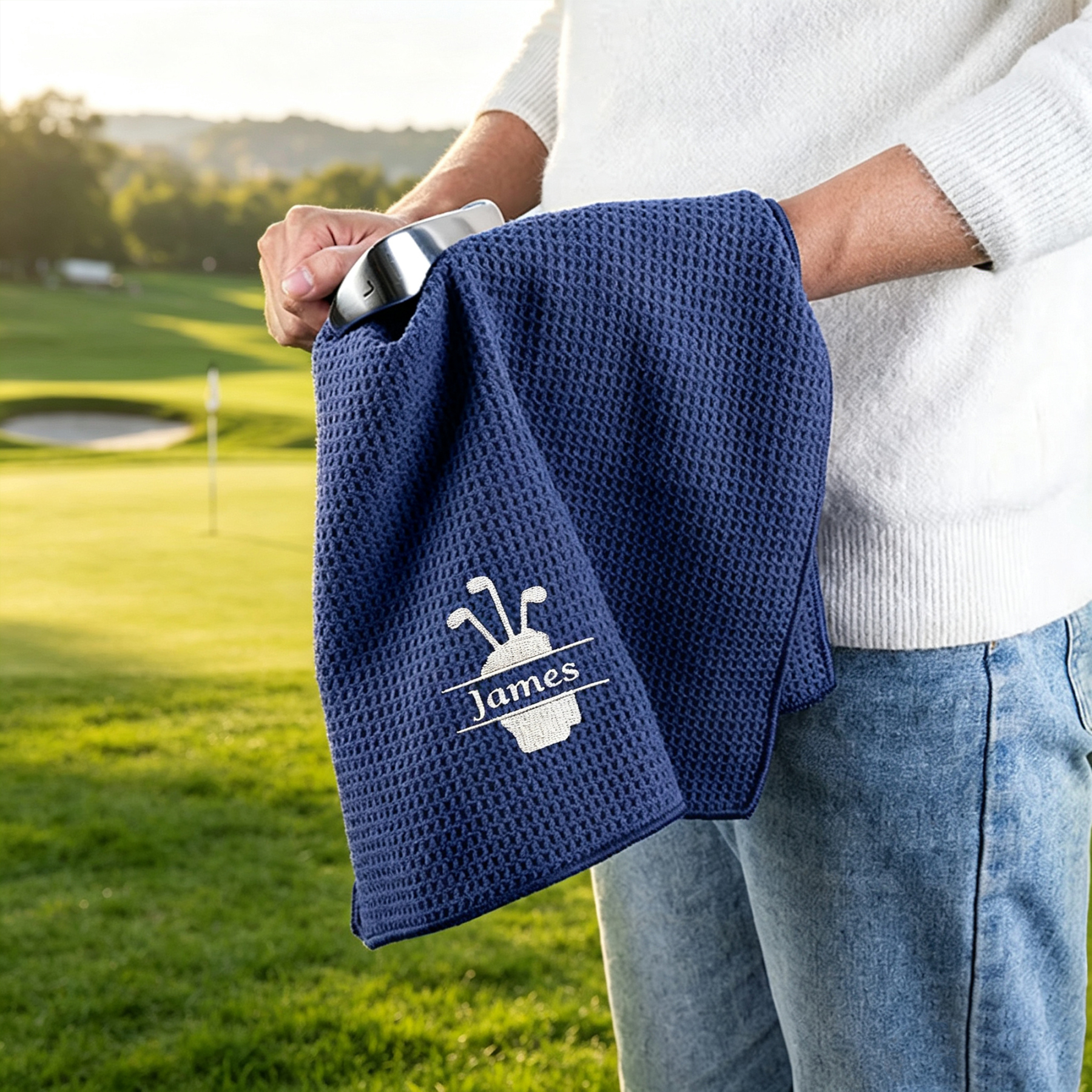 Personalized Embroidered Golf Towel with Hanging Clip, Custom Monogram Waffle Absorbent Golf Bag Towel, Unique Birthday Gift for Golf Players