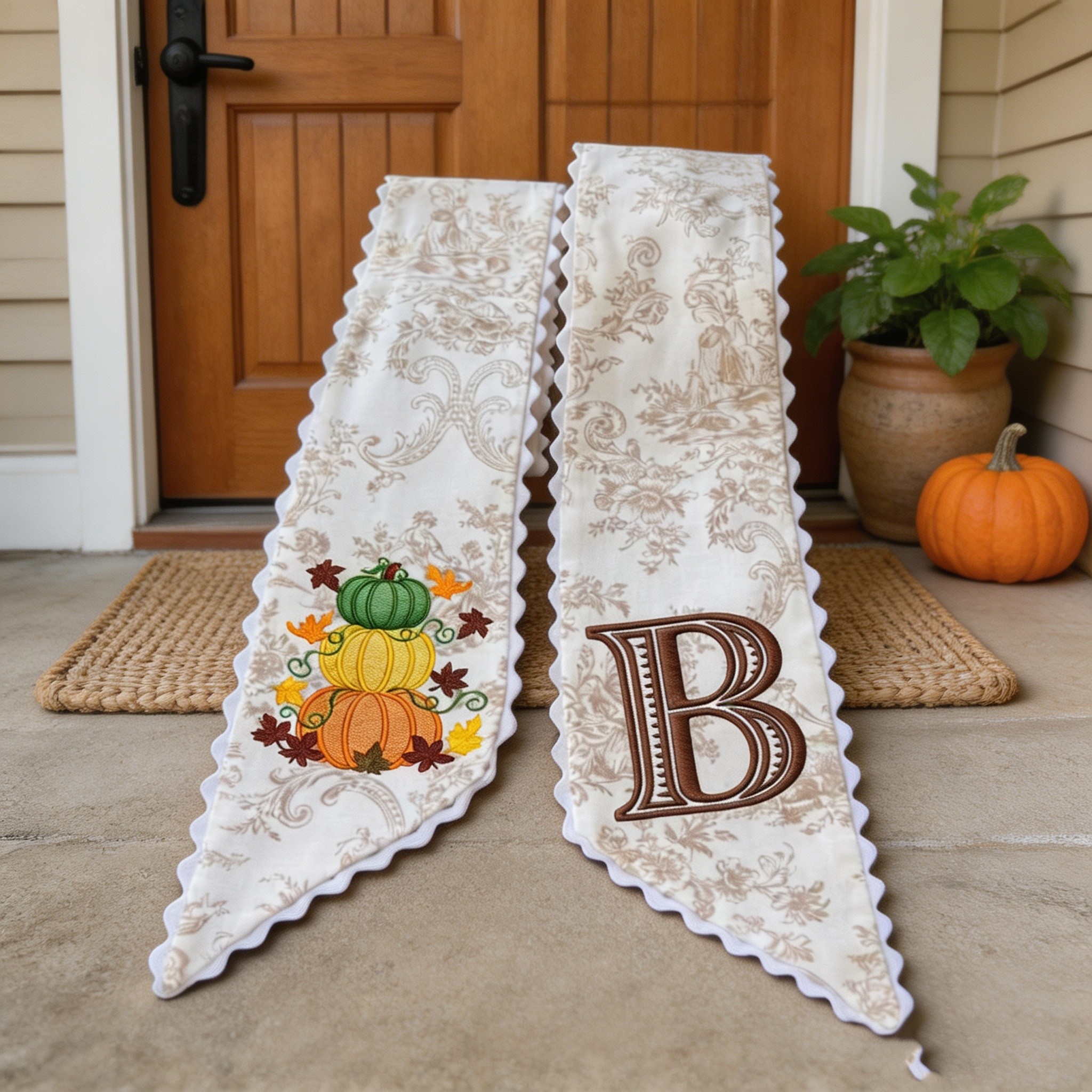 Personalized Pumpkin Wreath Sash, Embroidered Initial Fall Door Decor, Toile Front Door Bow
