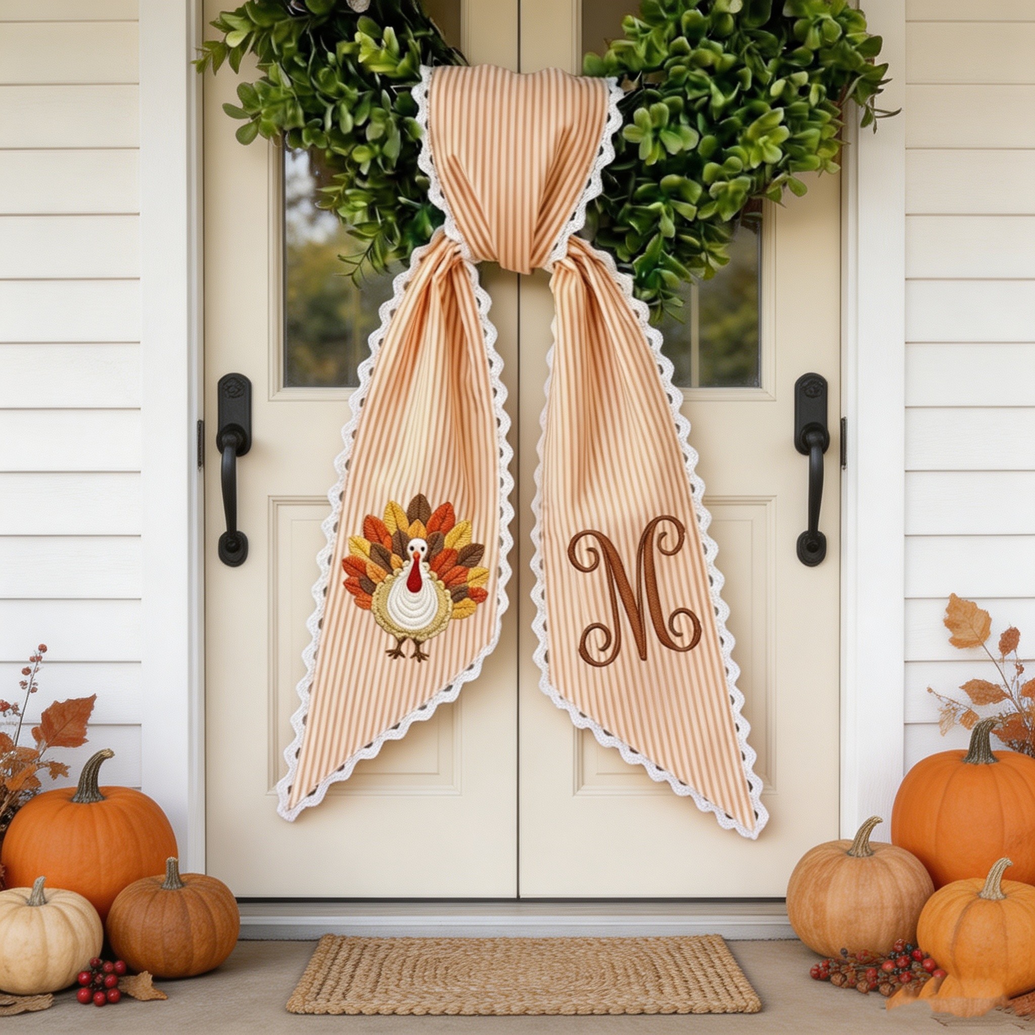 Personalized Thanksgiving Wreath Sash, Embroidered Turkey & Monogram, Fall Front Door Wreath Decor