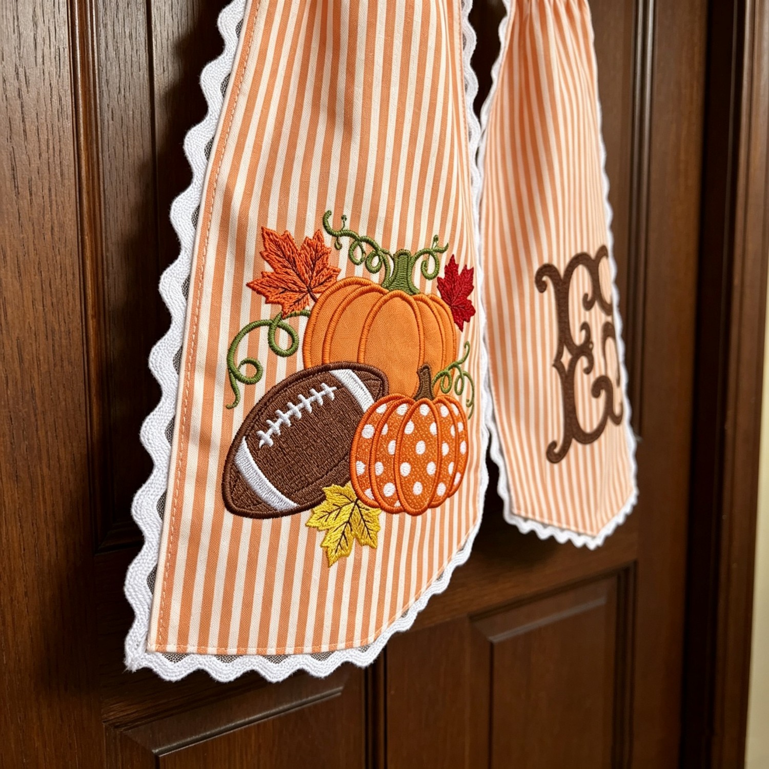 Personalized Football Wreath Sash, Embroidered Football & Pumpkin Design, Custom Monogram Fall Front Door Decor