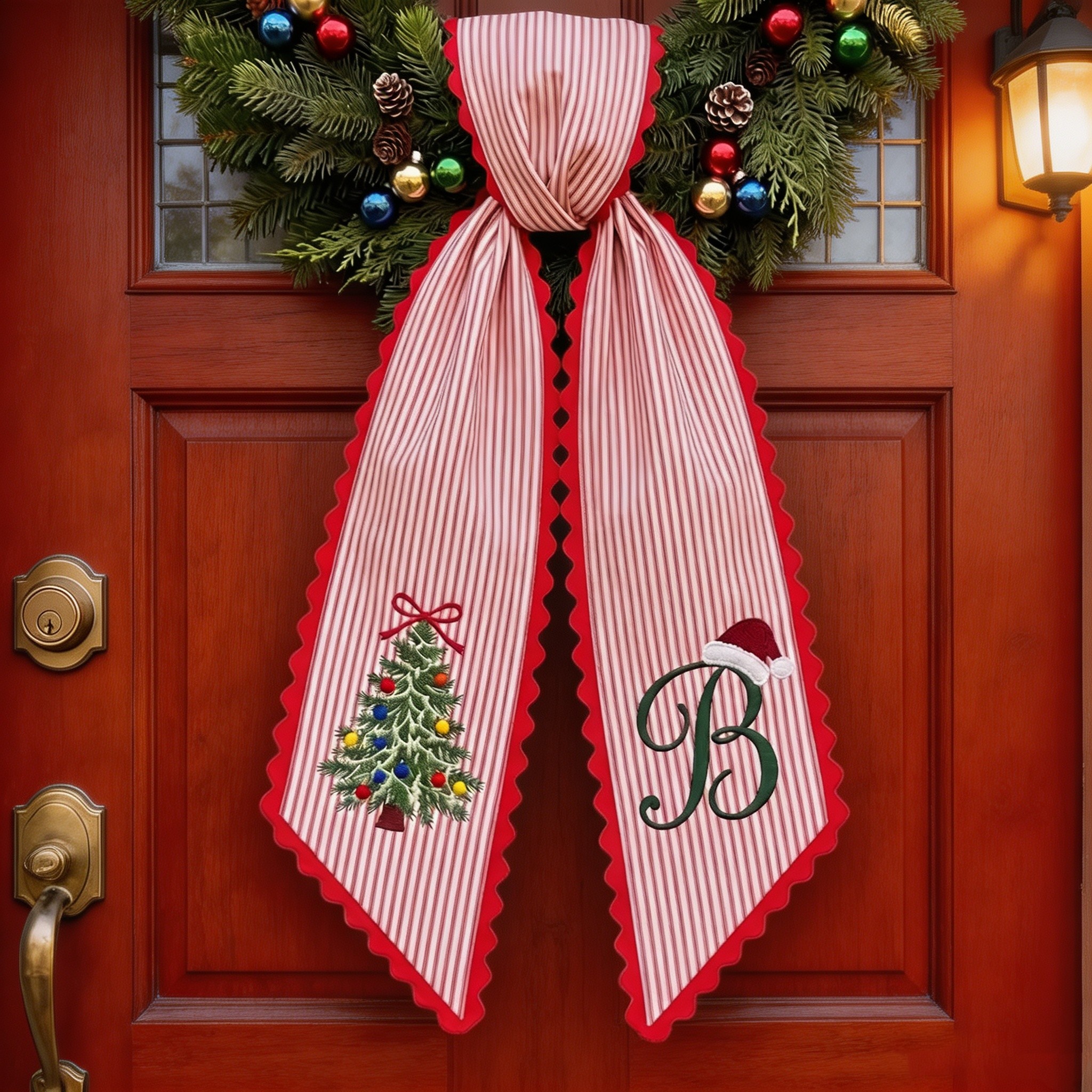 Personalized Christmas Wreath Sash, Embroidered Christmas Tree & Santa Hat, Striped Front Door Wreath Decor with Ric Rac Trim