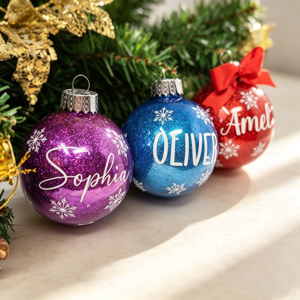 Personalized Glitter Christmas Ornament, Custom Name Snowflake Ball Ornament, Shatterproof Holiday Tree Decoration, Family Christmas Gift for Kids & Adults