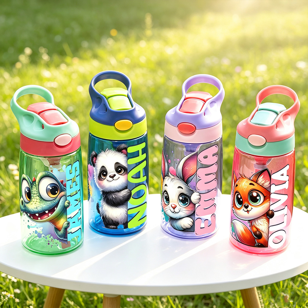 Personalized Forest Animal Kids Water Bottle with Name, Custom 16oz Water Bottle with Straw, Back to School Gift