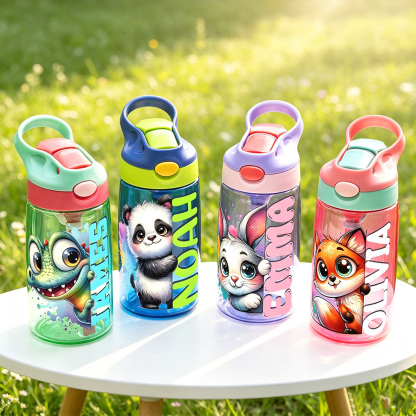 Personalized Forest Animal Kids Water Bottle with Name, Custom 16oz Water Bottle with Straw, Back to School Gift