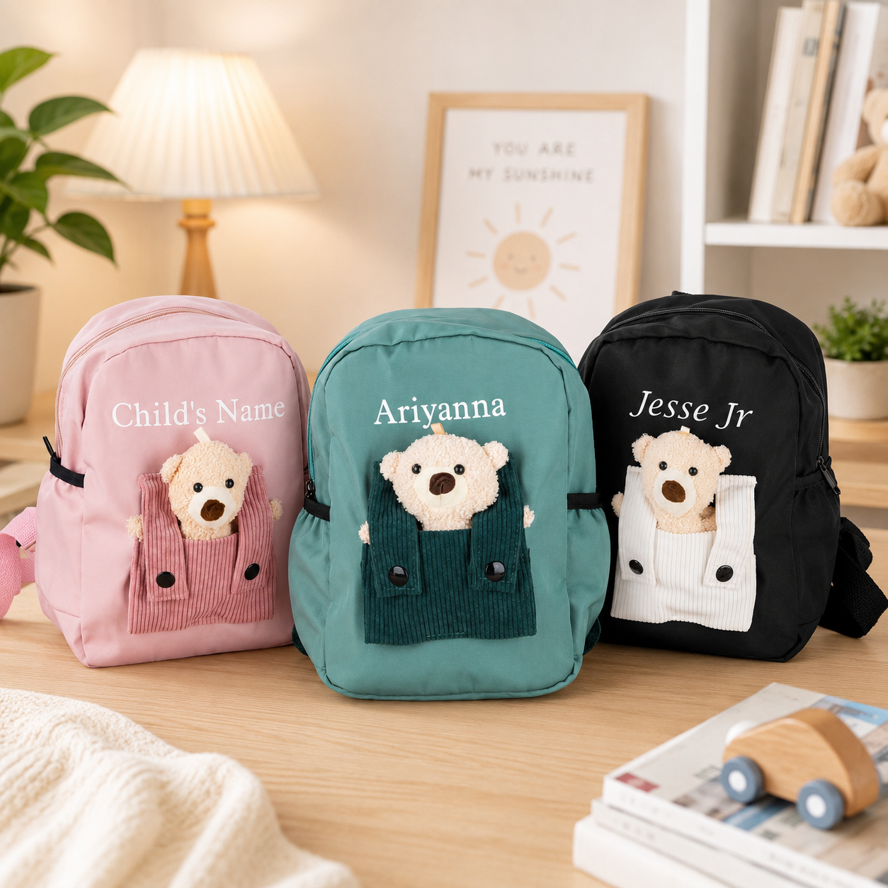 Personalized Teddy Bear Backpack with Detachable Plush – Custom Name Kids School Bag