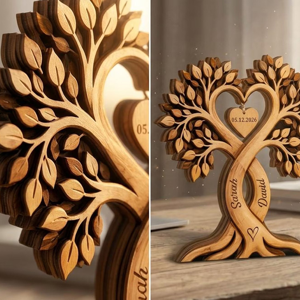 Personalized Couple Heart Tree Wooden Block, Custom Name Wooden Plaque, Wedding & Anniversary Gift for Couples