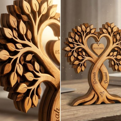 Personalized Couple Heart Tree Wooden Block, Custom Name Wooden Plaque, Wedding & Anniversary Gift for Couples
